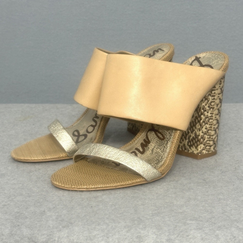 Sam Edelman Yoselin Nude Leather Gold Snake Print Block Heel Mule Sandals 8.5M
